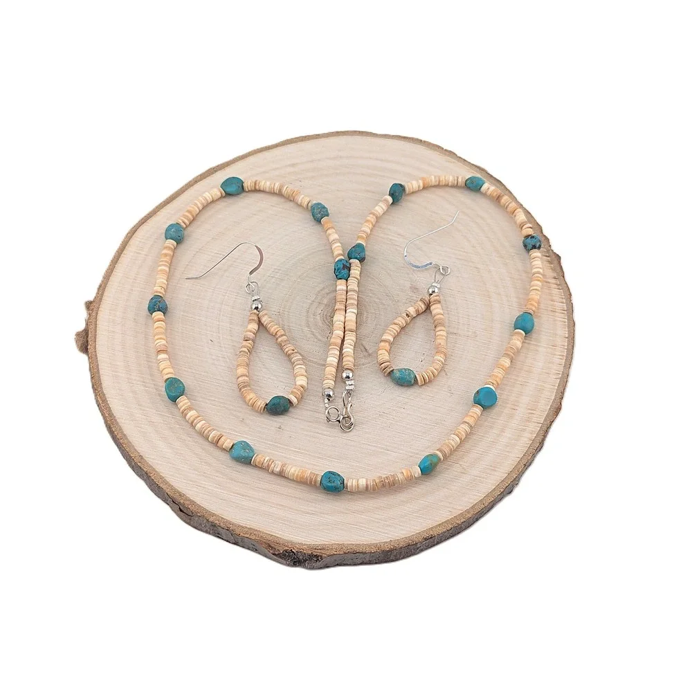 Handmade Natural Turquoise Necklace Earrings‎ Navajo Jewelry Set ***